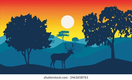 vector nature illustration of animal and trees silhouettes at the sunset