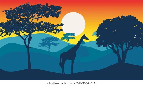 vector nature illustration of animal and trees silhouettes at the sunset