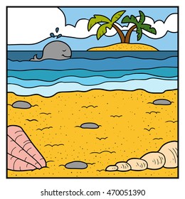 Vector nature illustration, color background. Beach on the tropical island