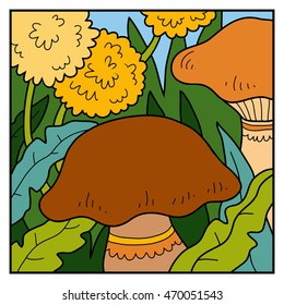 Vector nature illustration, color background, meadow with mushrooms