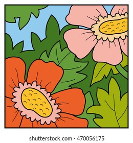 Vector nature illustration, color background, meadow with flowers