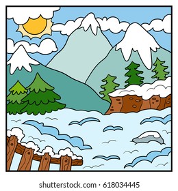 Vector nature illustration, color background, Winter mountains