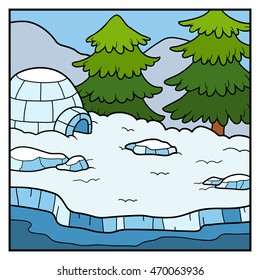 Vector nature illustration, color winter background, Yurt and forest in snow