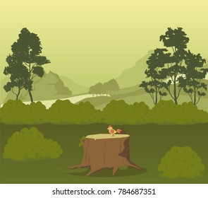 vector nature illustration of little cute bird on the trunk in the forest. trees and mountains landscape