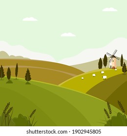 Vector nature illustration with mill and rams