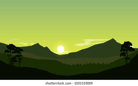 vector  nature illustration, mountain landscape and sun