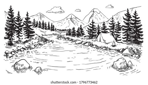 Riverbank Landscape Drawing Drawing by Avadh Sarvaiya  Pixels