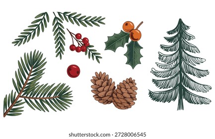 Vetor natureza ilustração estilo plano retro desenho animado floresta árvore cone visco visco e plantas adesivos acolhedores elementos alegres de inverno para saudar cartões rótulos patches e selos
