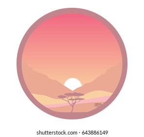 Vector nature illustration, savanna landscape pink sky
circle frame, flat icon