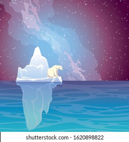 Vector nature illustration. Sea landscape with iceberg, white polar bear and night starry sky with northern lights.