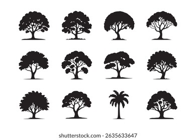 Vector nature illustration set of diverse tree silhouettes including palm, pine, and oak designs