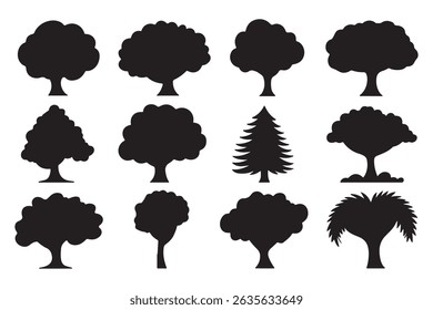 Vector nature illustration set of diverse tree silhouettes including palm, pine, and oak designs