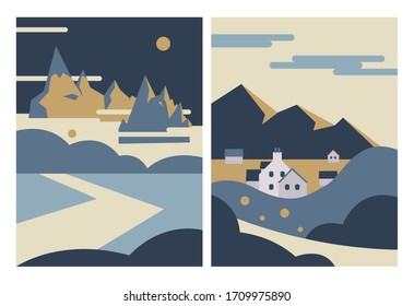 banner plano vectorial con montañas. colorido cartel vectorial con montañas. Fondo plano de ilustración de montaña. Fondo de banner plano de montaña. ilustración plana con picos de montaña.