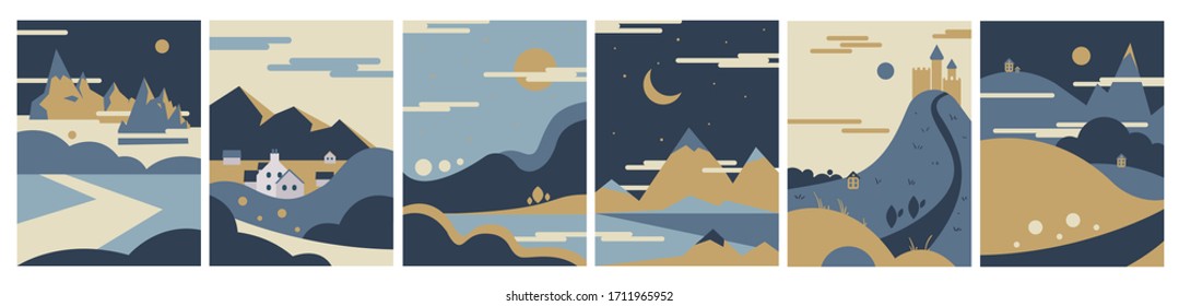 Vector nature illustration in simple minimal flat style. Vector geometric illustration in simple minimal flat style. flat geometric background with nature. flat geometric background countryside. 