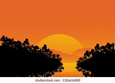 vector nature illustration of sunset sky over the mountains range - Vector