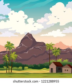 Vector nature illustration. Tropical landscape with hut, palm trees and mountains on a blue cloudy sky. Rural summer image.