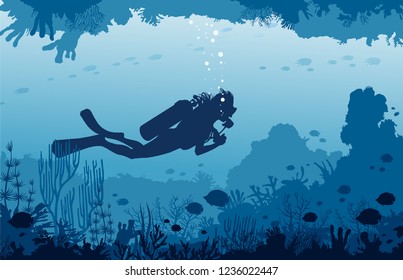 Vector nature illustration with underwater marine wildlife. Silhouette of scuba diver swims in the underwater cave near the coral reef and tropical fishes. Water sport.