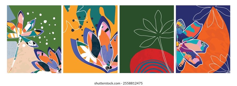 Vector Nature Inspired Cards with Floral and Leaf Motifs in Modern Design Style