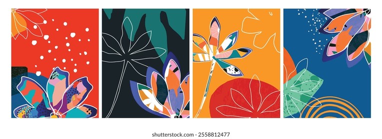 Vector Nature Inspired Cards with Floral and Leaf Motifs in Modern Design Style