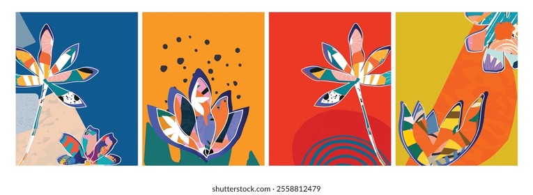 Vector Nature Inspired Cards with Floral and Leaf Motifs in Modern Design Style