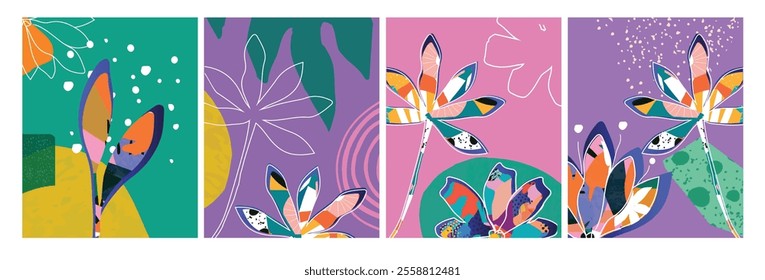 Vector Nature Inspired Cards with Floral and Leaf Motifs in Modern Design Style