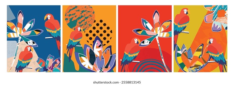 Vector Nature Inspired Cards with Floral and Leaf Motifs and Parrots in Modern Design Style