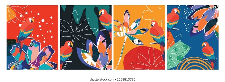 Vector Nature Inspired Cards with Floral and Leaf Motifs and Parrots in Modern Design Style