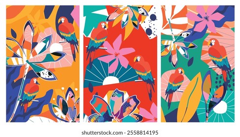 Vector Nature Inspired Cards with Floral and Leaf Motifs and Parrots in Modern Design Style