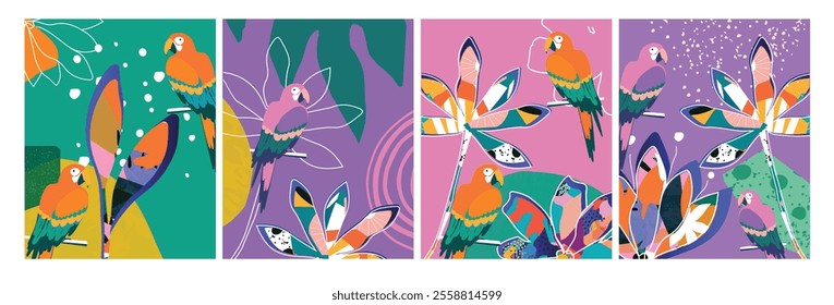 Vector Nature Inspired Cards with Floral and Leaf Motifs and Parrots in Modern Design Style