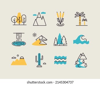 Vector Nature Isolated Icons Set. Desert, Mountains, Forest, River, Sea, Lake. Graph Symbol For Travel And Tourism Web Site And Apps Design, Logo, App, UI