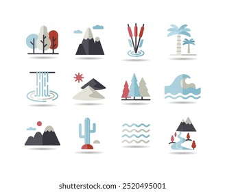 Vetor natureza isolados ícones conjunto. deserto, montanhas, floresta, rio, mar, lago. Símbolo gráfico para site de viagens e turismo e design de aplicativos, logotipo, aplicativo, UI