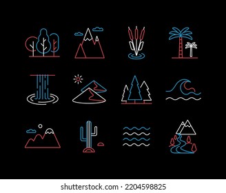 Vector nature isolated on black background icons set. desert, mountains, forest, river, sea, lake. Graph symbol for travel and tourism web site and apps design, logo, app, UI
