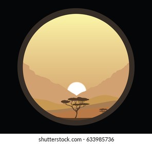 Vector nature landscape. Abstract illustration of sunrise, misty sky and desert