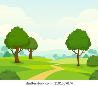 Vector nature landscape background. Green field with trail, trees, bushes, blue sky with clouds, sunny day