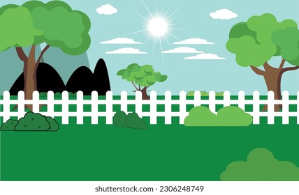 Vector nature landscape background. green grass colorful trees sun mountains blue sky Cute simple cartoon style.