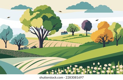 Vector Nature Landscape Background With Hill Field, Trees, Floral.