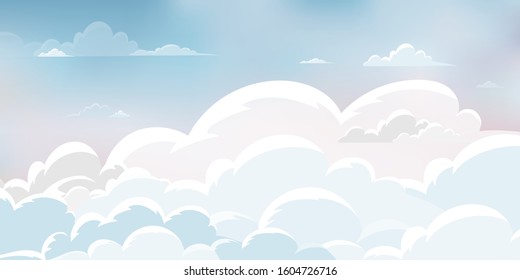Vector Nature landscape background of pastel blue, pink, yellow sky and fluffy white clouds. illustration skyline for banner or spring summer background