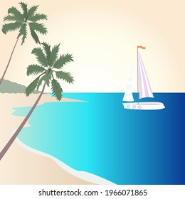 Vector, nature landscape background. Summer travel. Realistic palms. Yacht with sails at sea. Paradise nature vacation, ocean or sea seashore. Tropical beach.