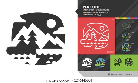 Vector nature or landscape black glyph silhouette and editable stroke thin outline single eco outdoor icon with mountain, hill, sun, tree and water coast  environment sign.