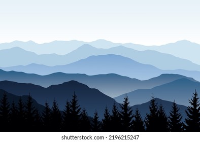 Vector nature landscape with blue silhouettes of mountains and forest