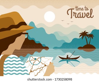 Vector nature landscape in brown, blue colors. Fishing on the river at sunrise. Summer trip. Beautiful morning sea view on the background of mountains. Can be used: banner, gift card, flyer.