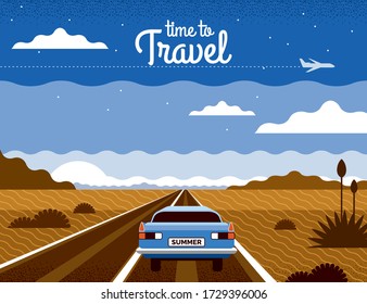 Vector Naturlandschaft. Wüstenstraßendarstellung in blauen, braunen Farben. Sommerreisen mit dem Auto. Schöne Sicht auf den Hintergrund der Berge. Kann für Banner, Geschenkkarte, Flyer, Poster, Cover verwendet werden.