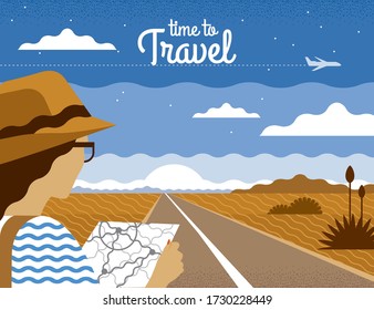 Vector nature landscape. Desert road illustration in blue, brown colors. Summer travel by car. Beautiful view of the background of mountains. Can be used for banner, gift card, flyer, poster, cover.