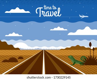 Vector nature landscape. Desert road illustration in blue, brown colors. Summer travel by car. Beautiful view of the background of mountains. Can be used for banner, gift card, flyer, poster, cover.