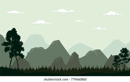 vector nature landscape, forest and rocks under cloudy sky