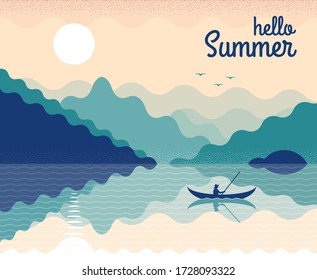Vector nature landscape in green, blue colors. Fishing on the river at sunrise. Summer trip. Beautiful morning sea view on the background of mountains. Can be used: banner, gift card, flyer, postcard.