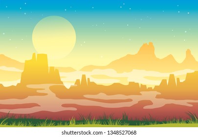 Vector paisaje natural con hierba verde, niebla y silueta de montañas en un cielo nocturno con luna amarilla y estrellas. Imagen de verano silvestre.