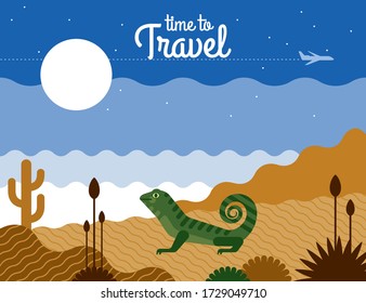 Vector nature landscape illustration in blue, brown, green colors. Summer travel. Beautiful desert view on the background of mountains. Can be used: banner, gift card, flyer, poster, cover.