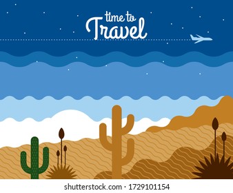 Vector nature landscape illustration of desert in blue, brown colors. Summer travel. Beautiful view on the background of mountains. Can be used: banner, gift card, flyer, poster, cover.