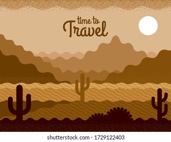 Vector nature landscape illustration of desert in brown colors. Summer travel. Beautiful view with of sands and mountains. Can be used for banner, gift card, flyer, postcard, poster, cover.